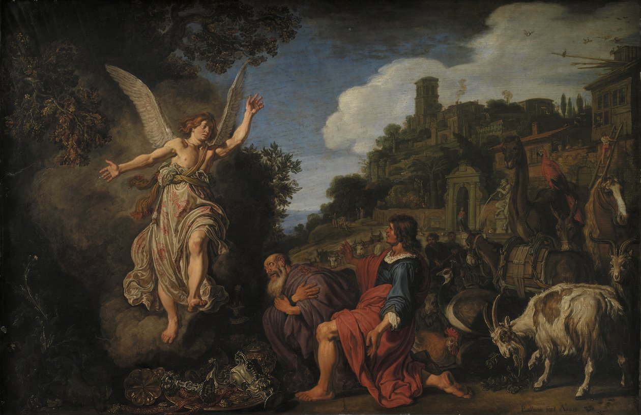 Anděl Raphael se rozchází se starým Tobitem a jeho synem Tobiášem od Pieter Lastman