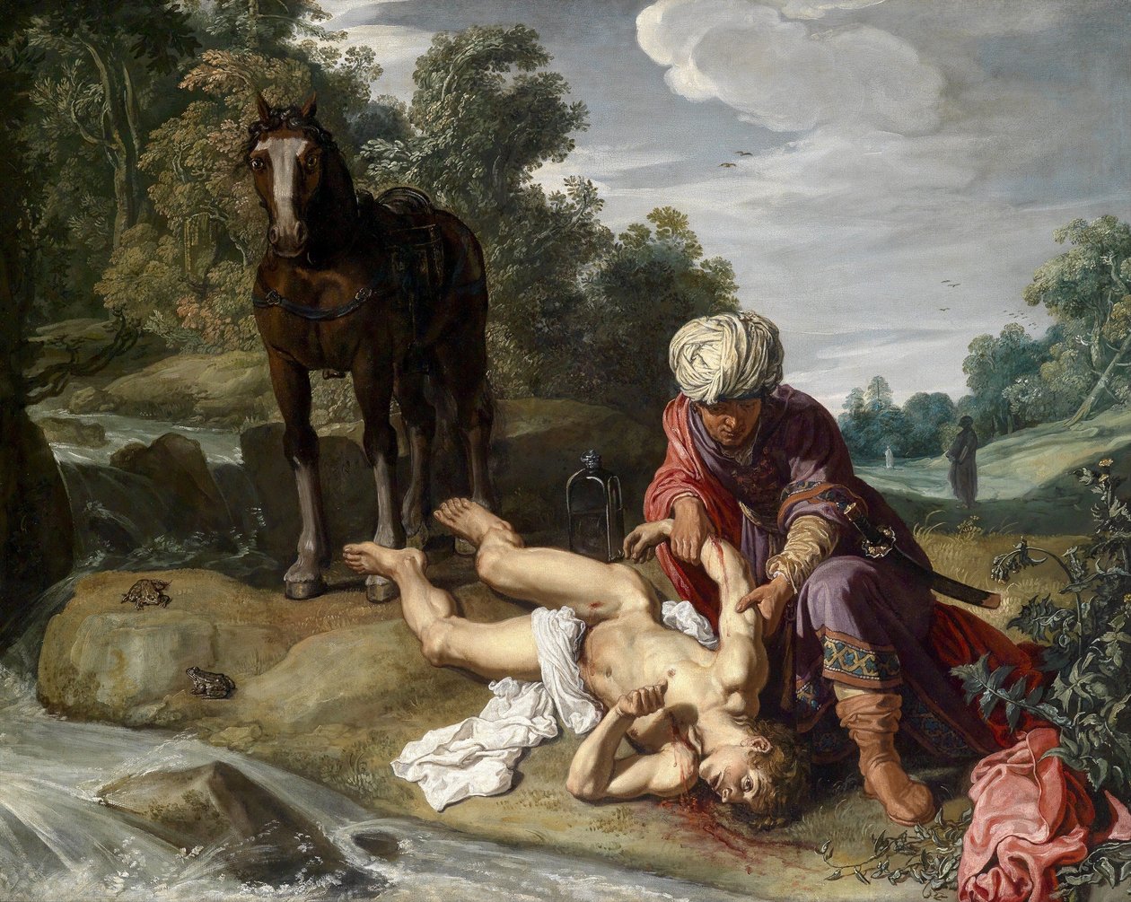 Dobrý Samaritán ošetřující rány pocestného (Lukáš 10,25-37) od Pieter Lastman