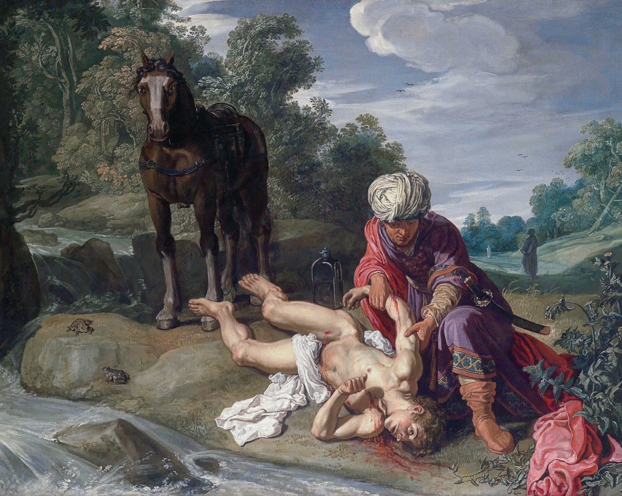 Dobrý Samaritán ošetřující rány pocestného (Lukáš 10,25-37) od Pieter Lastman