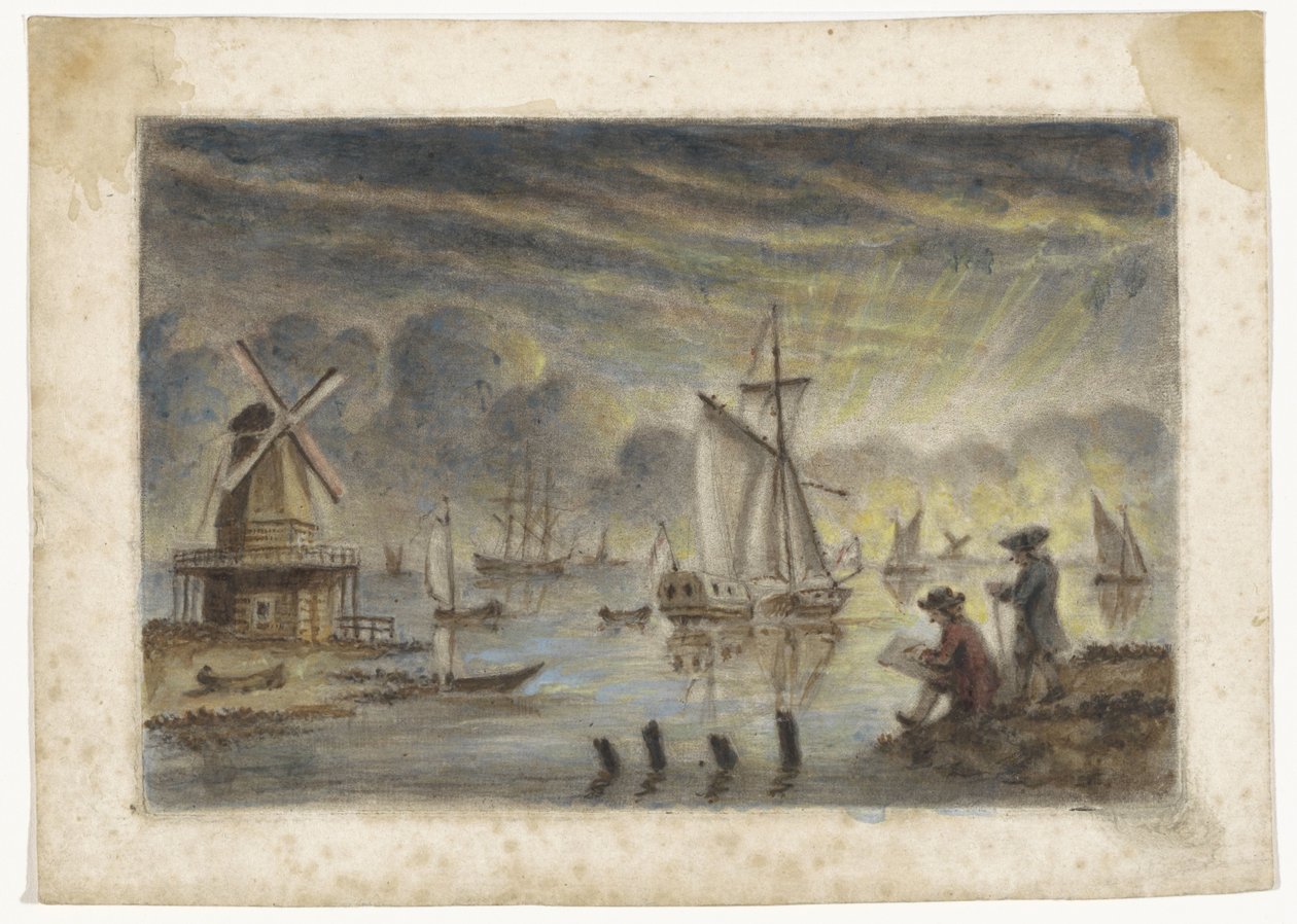 Pohled na pobřeží s loděmi, mlýnem a kreslířem od Pieter Louw (attributed to)