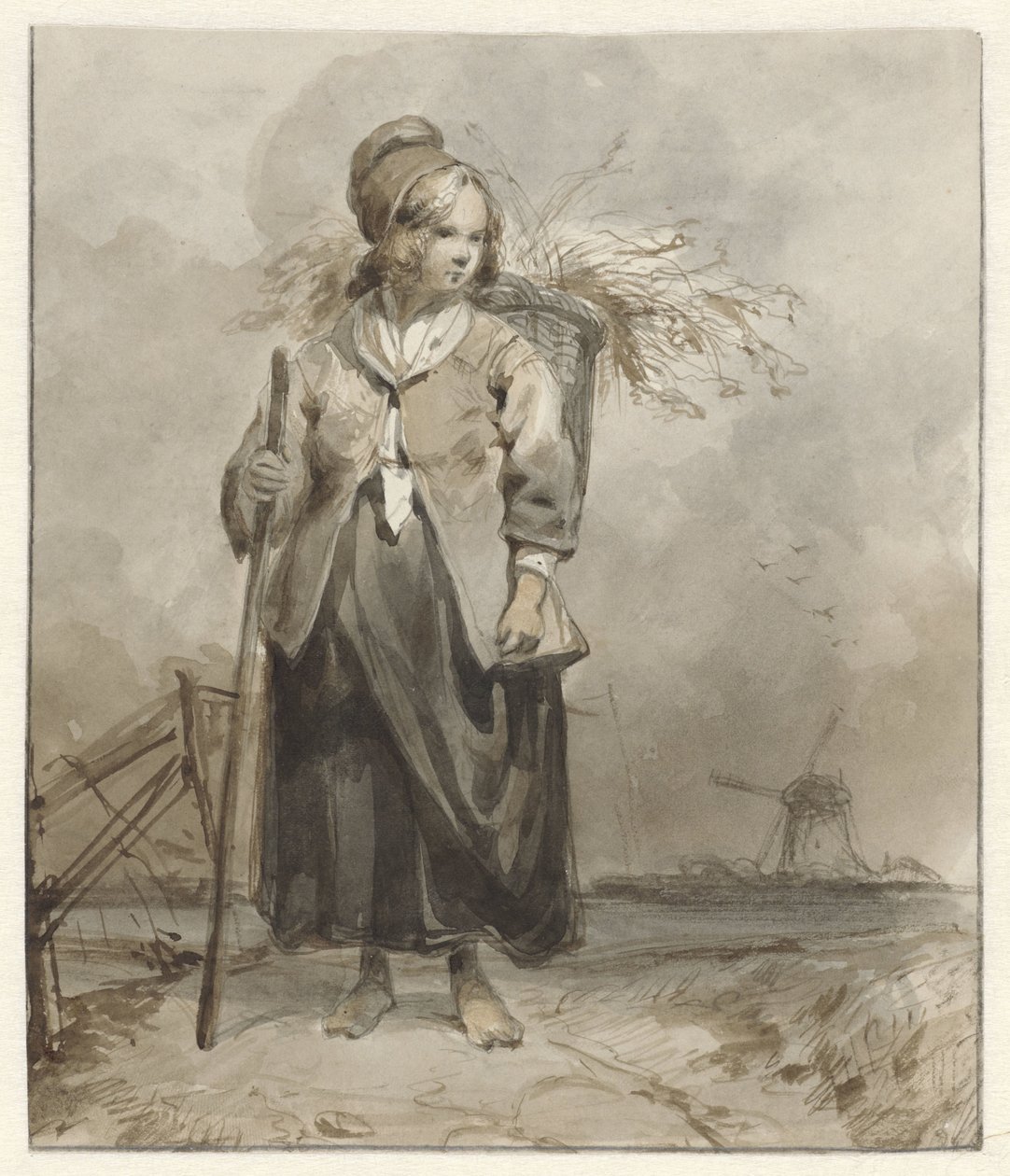 Stojící žena s holí a košíkem na zádech od Pieter Marinus van de Laar (attributed to)