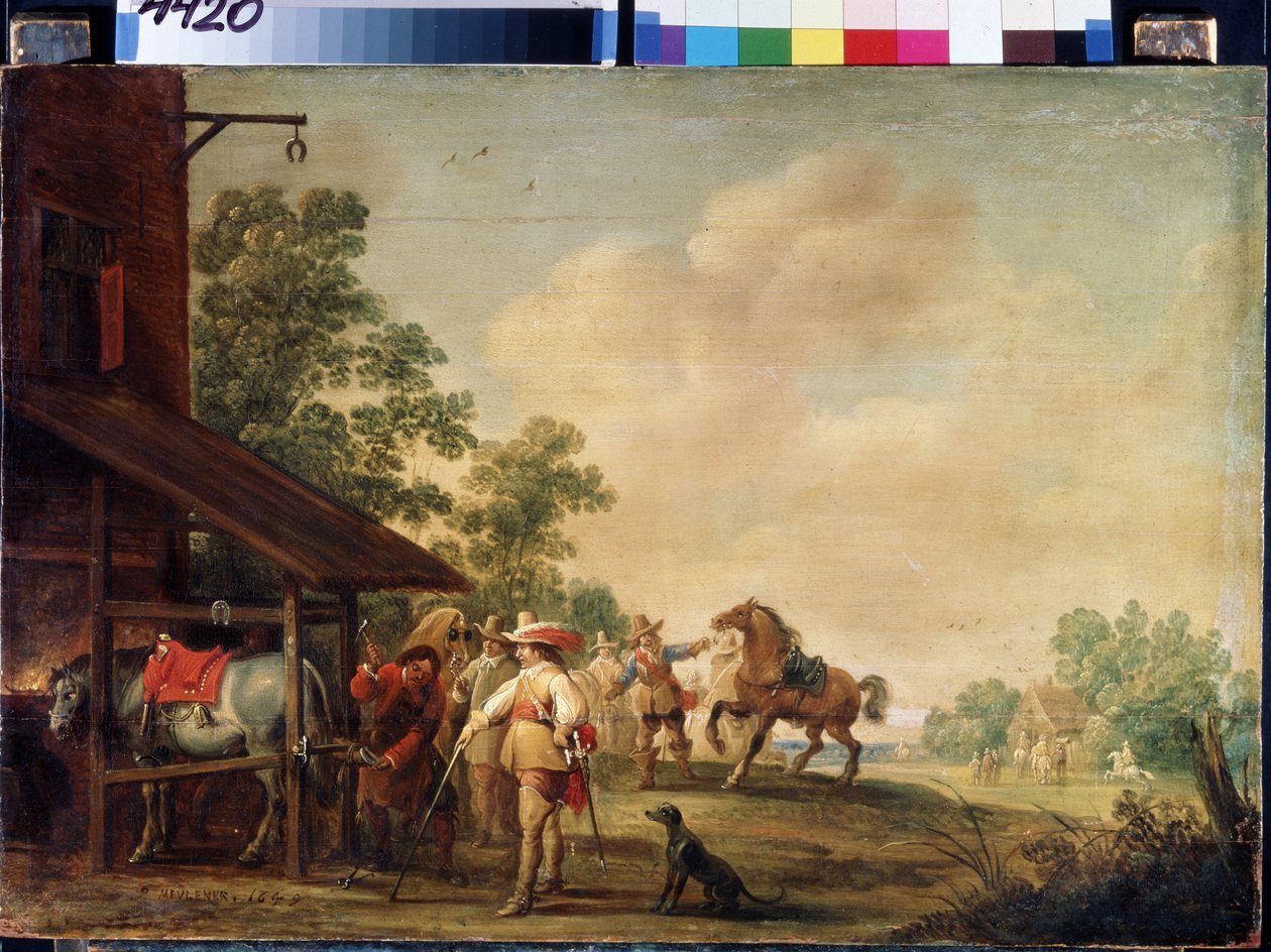 Forge (Kovárna). Podkovář (podkovář) nasazující podkovu. Obraz od Pietera Meulenaera (Peter nebo Pierre od Pieter Meulener