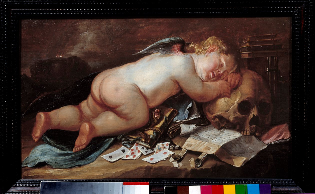 Miluji spánek na smrtelné hlavě. Obraz (Vanite) od Pietera Moninckxe (1606 - 1686) Ec. Podvod. od Pieter Moninckx