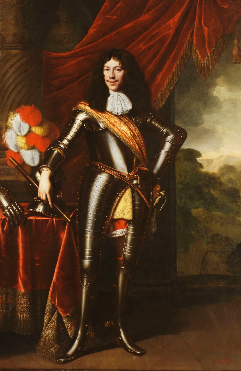 Portrét gentlemana, možná příslušníka Hohenzollernů, celovečerní, v brnění, od Pieter Nason