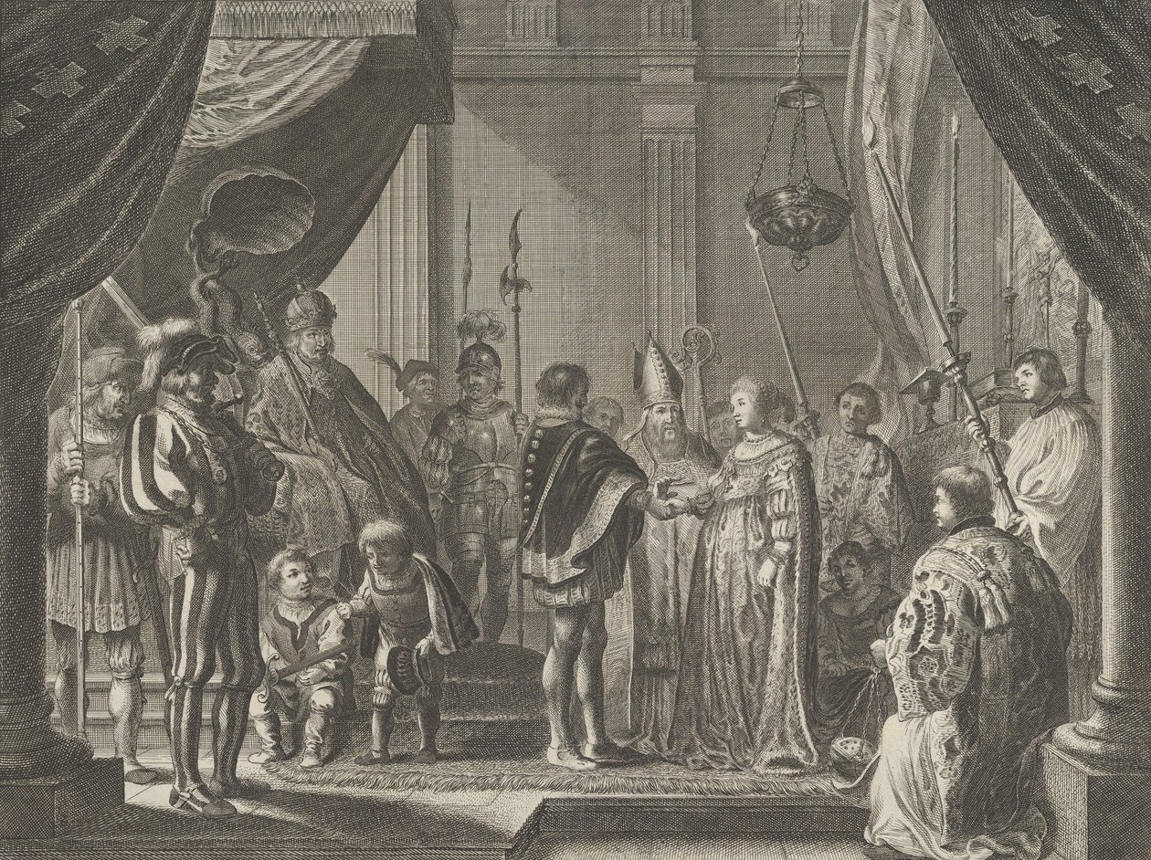 Deska 7: Sňatek Francisca I. de Medici a Johanny Rakouské, od Caspara Barlaeu..., 1638. od Pieter Nolpe