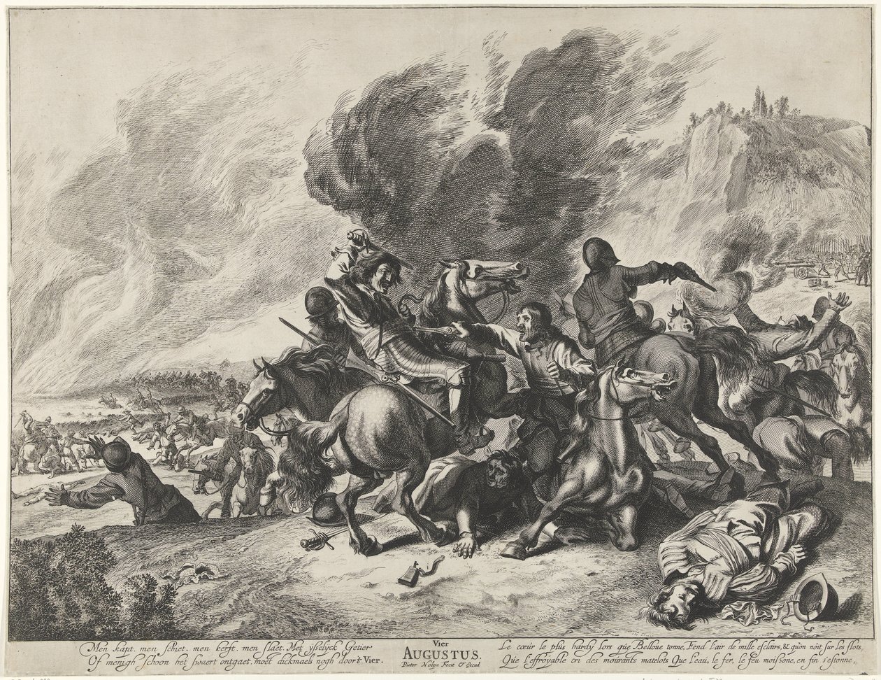 Bitva: měsíc srpen a živel ohně Čtvrtého srpna (název na objektu) Krajiny s měsíci, prvky a ročními obdobími (název série) od Pieter Nolpe