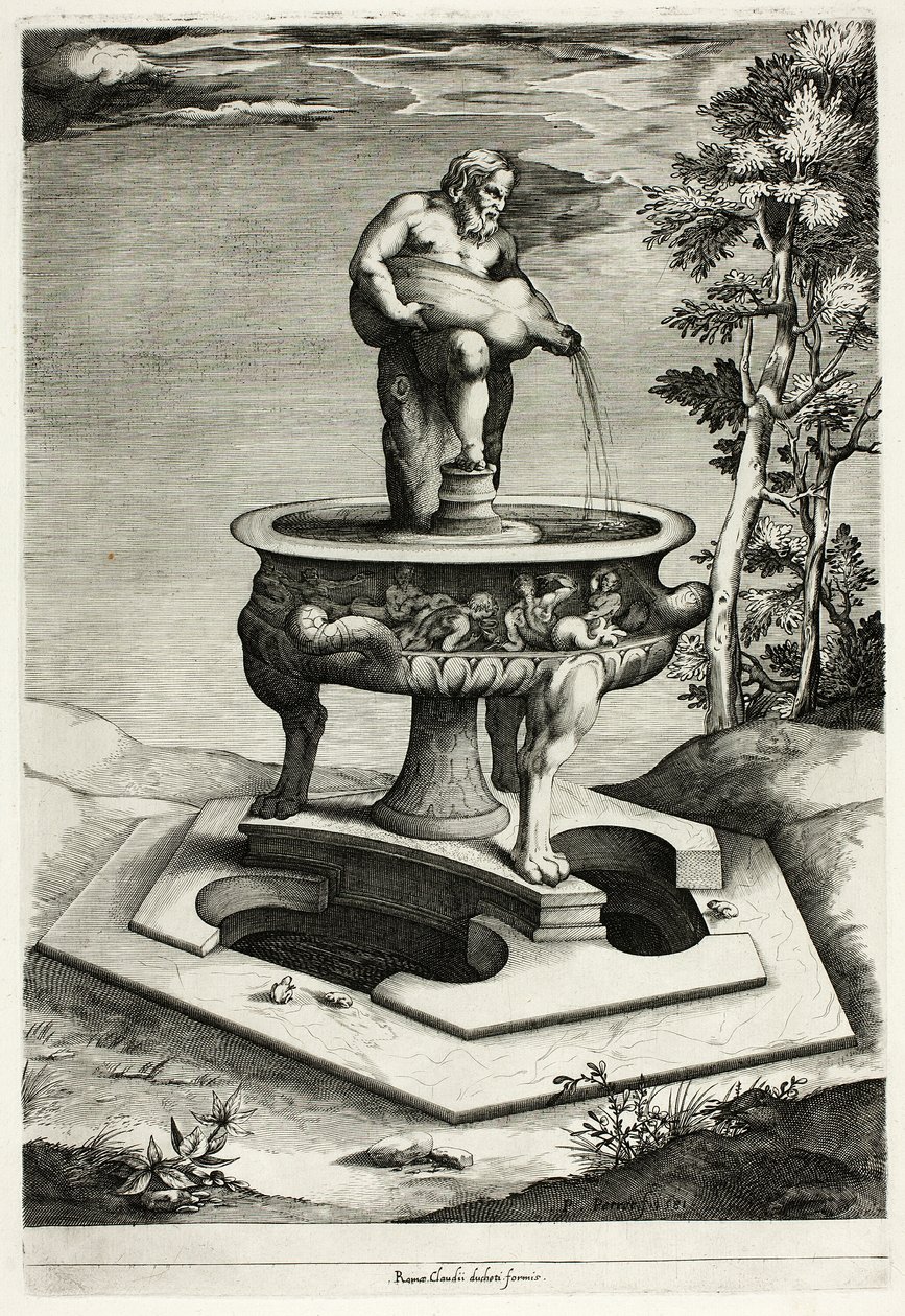 Fontána s Silenus v zahradě paláce Cesi nedaleko Říma od Pieter Perret