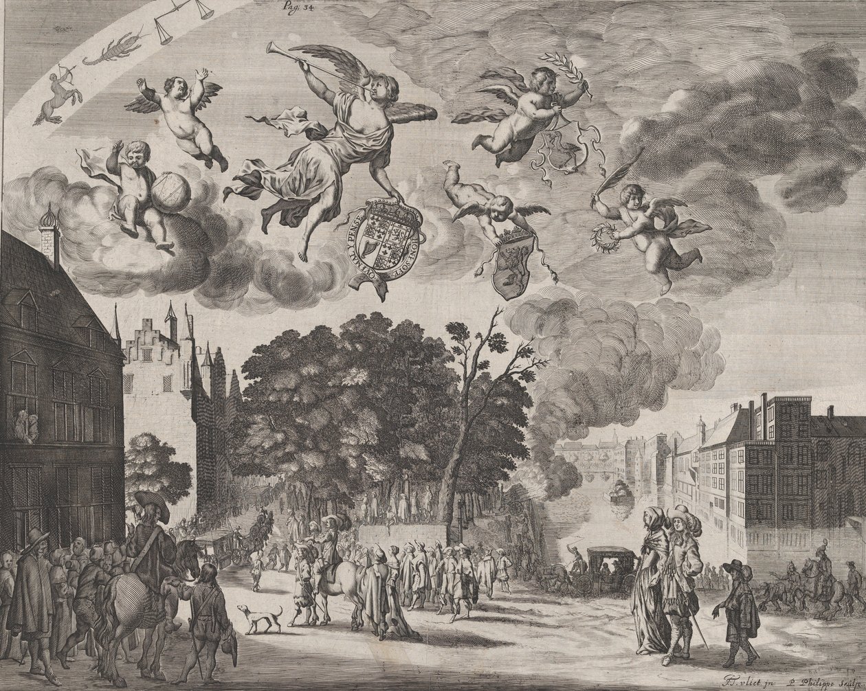 Karel II vjíždí do Haagu v kočáře s Mauritshuis vpravo, z 
