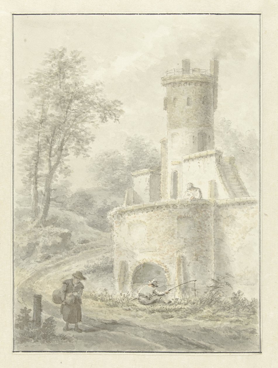 Krajina s rybářem a ženou kráčející u věže pevnosti od Pieter Pietersz. Barbiers