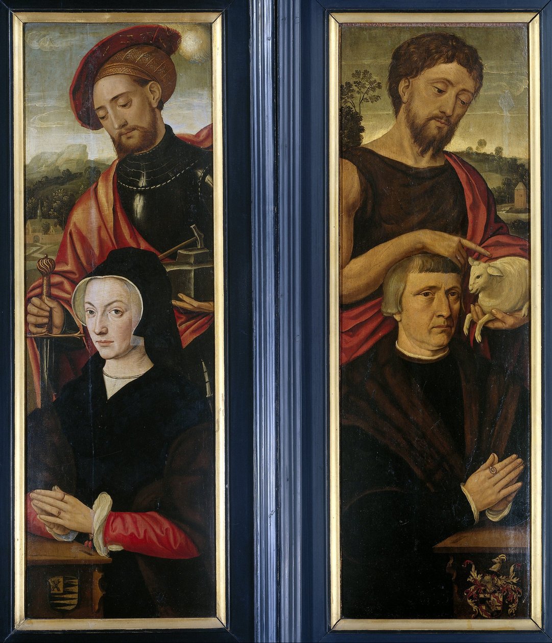 Dvě křídla triptychu s portréty dárců se svatými Adrianem a Janem Křtitelem od Pieter Pourbus (attributed to)