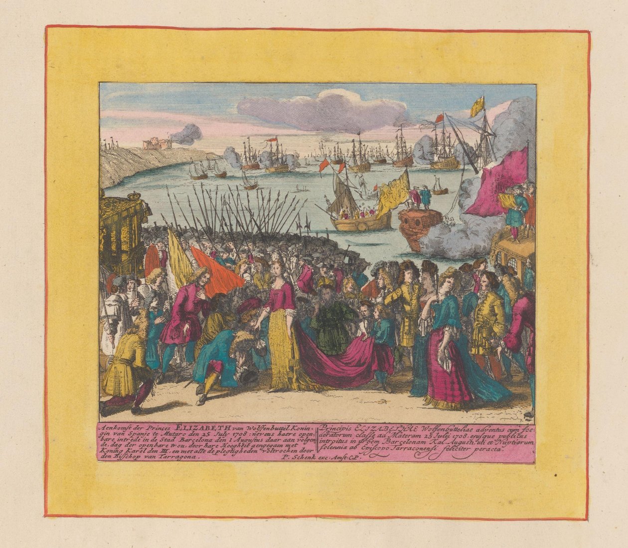 Příjezd princezny Elisabeth Christine z Wolfenbüttelu do Mutaro, 1708 Příjezd princezny Alžběty z Wolfenbuttel královny Španělska (...) (titul na předmětu) Divadlo války, Počátek krále Karla II. Až král Karel de I od Pieter Schenk (I)