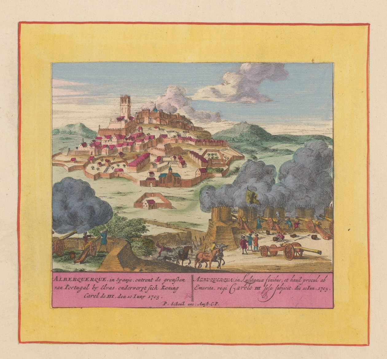 Obléhání Albuquerque, 1705 Alberquerque, ve Španělsku, na hranicích Portugalska u Elvas, se poddává králi Carel III, 10. června 1705 (titul na předmětu) Divadlo války, Počátek krále Karla II. Uvidíme se v King Kar od Pieter Schenk (I)