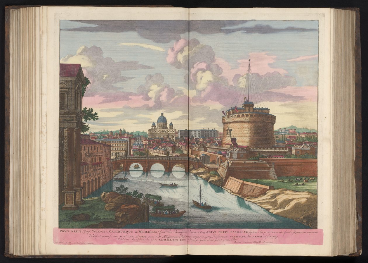 Engelenburcht, Sint-Pietersbasiliek a rivier de Tiber Aeliův most (skřítek Hadriánův) a hrad svatého Michaela (...) (název na předmětu) od Pieter Schenk (I)