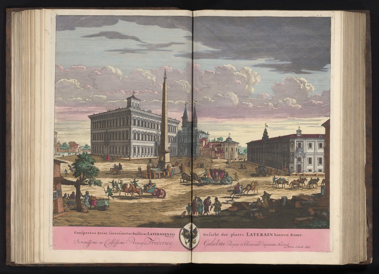 Gezicht op het Lateraan se setkal s de Sint-Jan van Lateranen te Rome Pohled na posvátný prostor Lateránské baziliky (...) (nadpis na objektu) od Pieter Schenk (I)