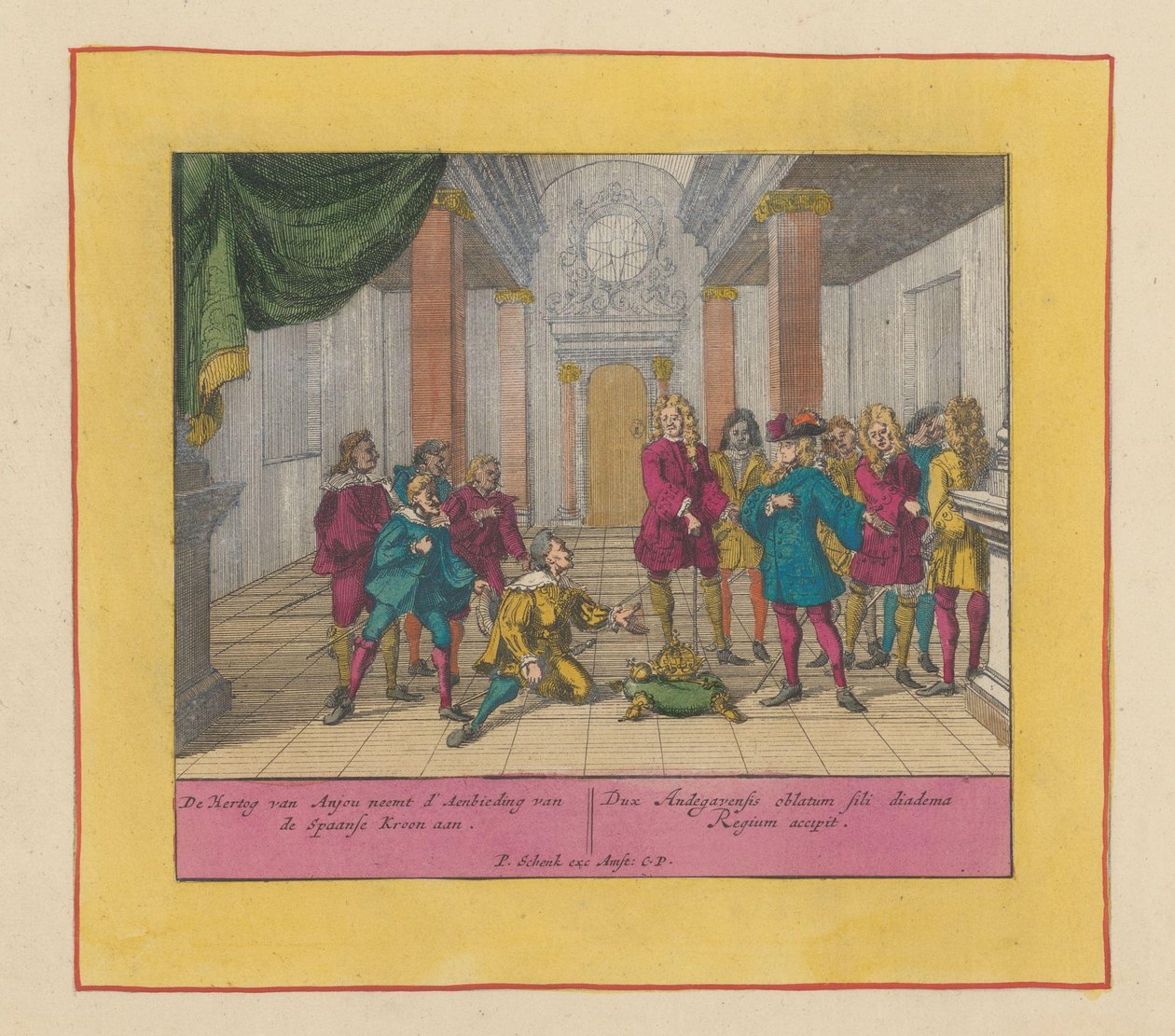 Vévoda Filip z Anjou přijímá španělskou korunu, 1700 Vévoda z Anjou přijímá nabídku od španělské koruny (...) (název na předmětu) Divadlo války, Počátek krále Karla II. Až král Karel III. Stávající v IX od Pieter Schenk (I)