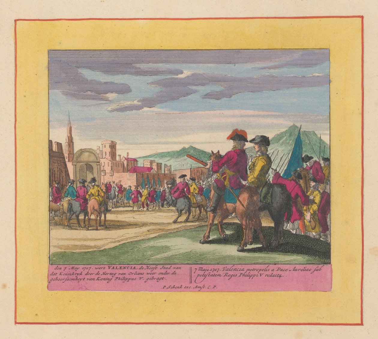 Dobytí Valencie, 1707 Divadlo války, Počátek krále Karla II. Až král Karel III. Stávající v IX. Historické postavy na sloním listu, jako bitvy, obležení na vodě a v Lande, s hlavním opevněním od Pieter Schenk (I)