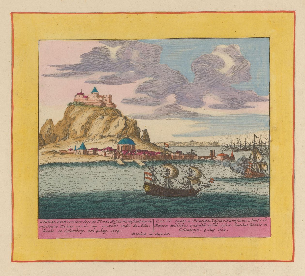 Dobytí Gibraltaru anglo-nizozemskou flotilou, 1704 Gibraltar dobytý Pr. van Hessen Darmstadt, s vyloděnými milicemi Eng: en Holl: pod Adm: Rooke a Callenberg den 4. srpna: 1704 (...) (název na předmětu) Divadlo od Pieter Schenk (I)