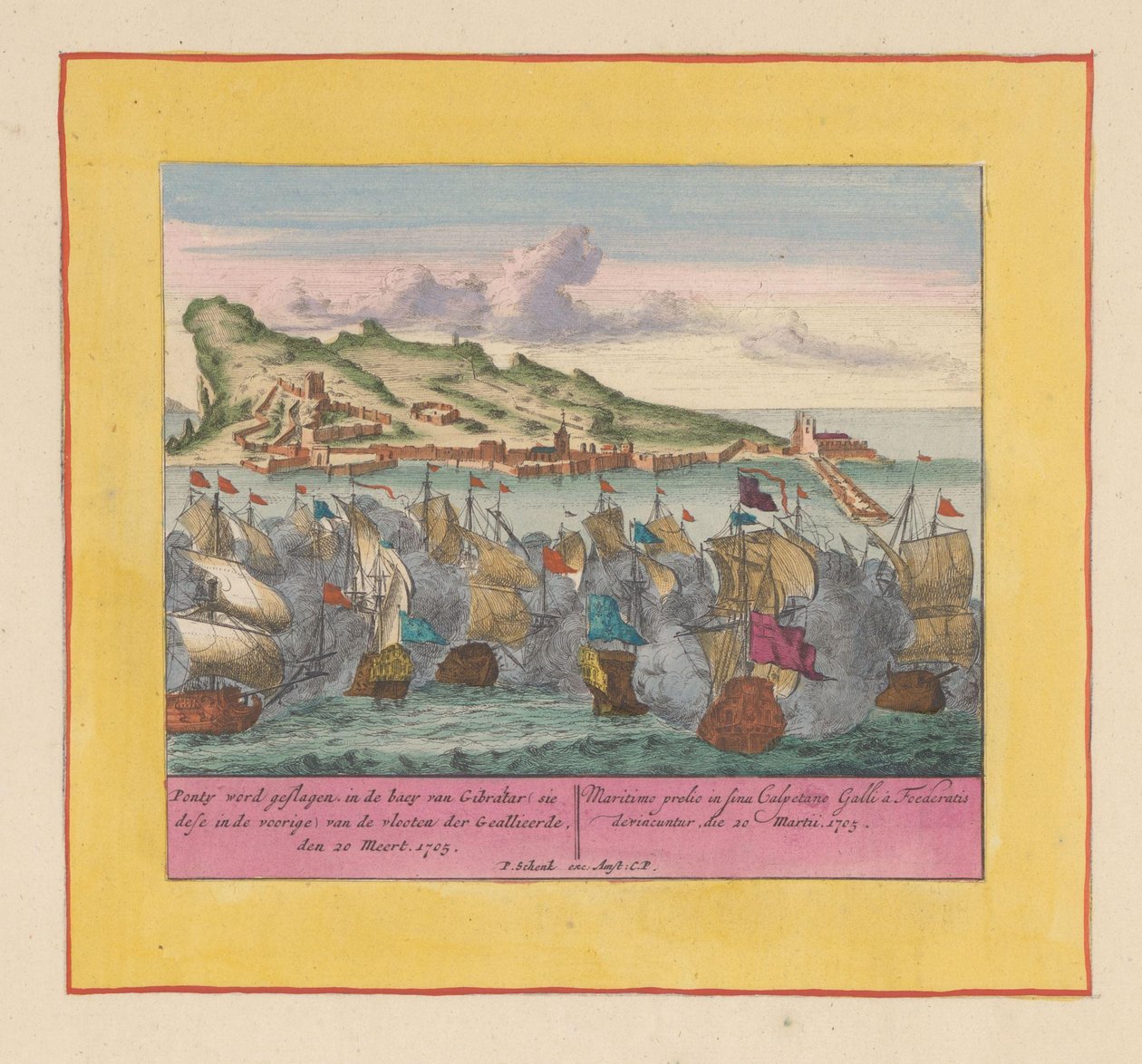 Námořní bitva o Gibraltar, 1705 Ponty je poražen v zátoce Gibraltaru (sie dese v přední části) spojeneckých flotil, den 20 Meert, 1705 (název na předmětu) Divadlo války, Počátek krále Karla II. Na shledanou na King Karel den od Pieter Schenk (I)