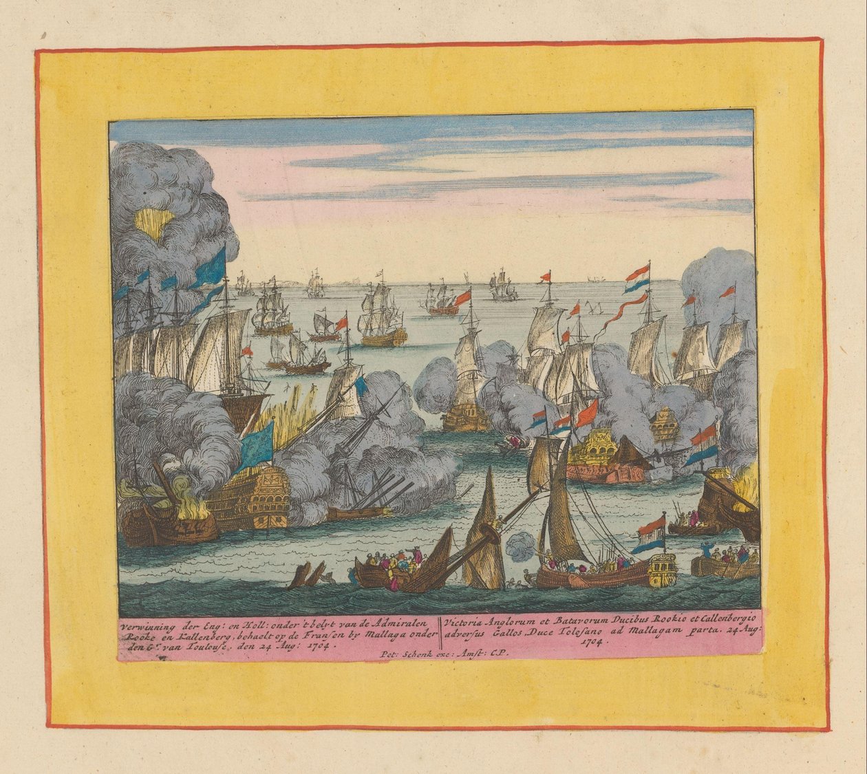 Námořní bitva u Malagy, 1704 Verwinning der Eng en Holl : pod velením Admiralen Rooke a Kallenberg (...) (titul na předmětu) Divadlo války, Počátek krále Karla II. Až král Karel III. Stávající v IX. Historický Obr od Pieter Schenk (I)