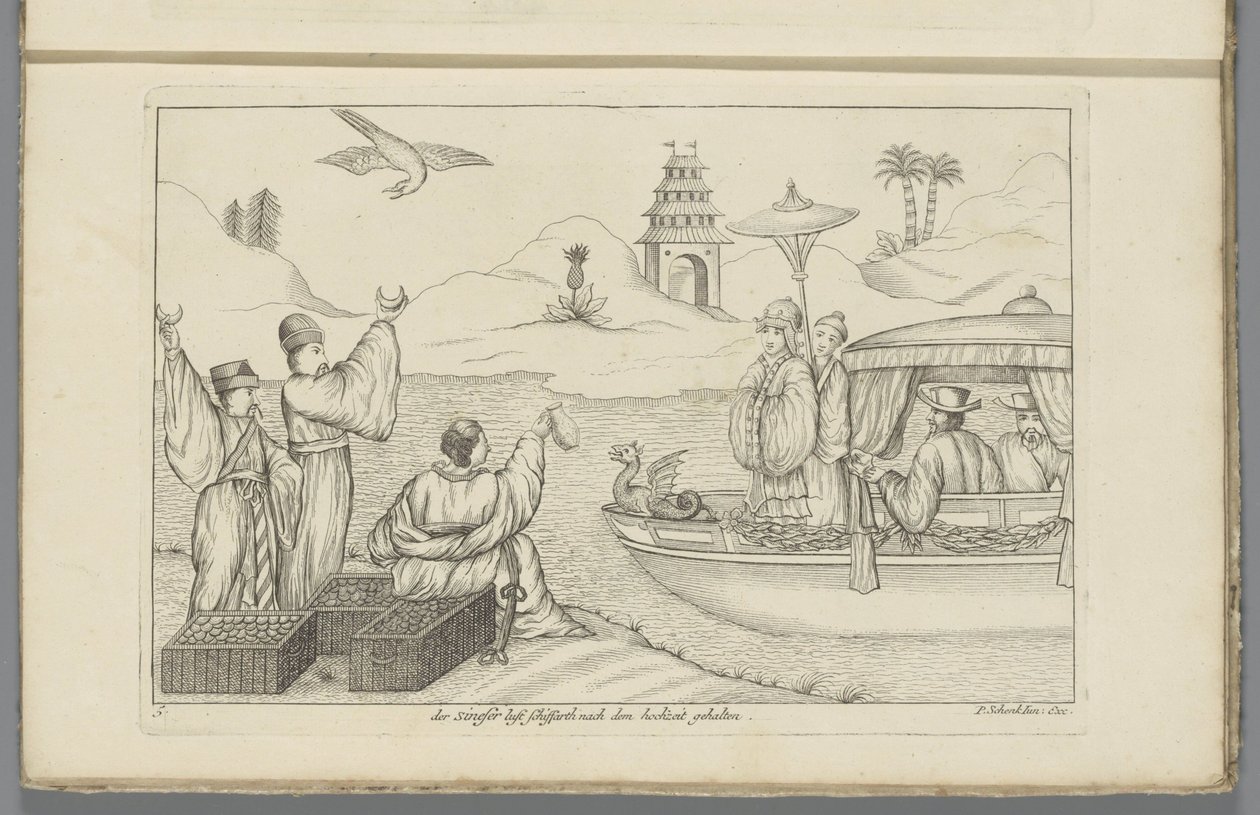 Plavba po čínské svatbě Der Sineser lust Schiffart nach dem hochzeit obsah (název na objektu) Čínské zvyky (název série) od Pieter Schenk (II)