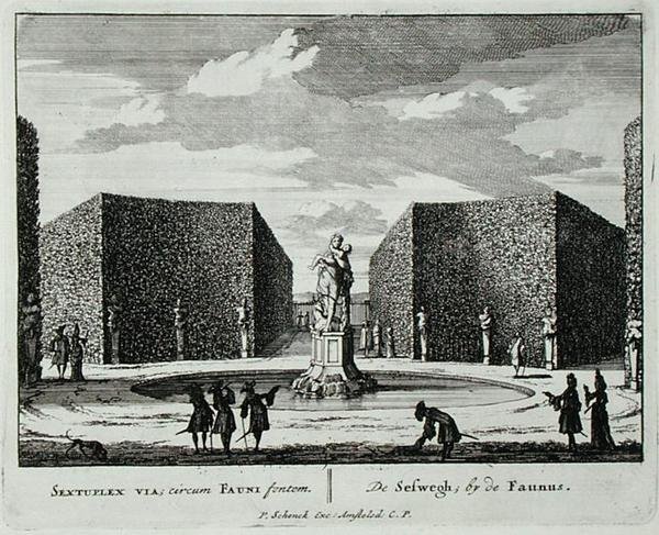 Šestihranný živý plot u fontány s fauny, z „Admirandorum Quadruplex Spectaculum“, od Jana van Calla (1656-1703), vydaného před rokem 1715 (rytina) od Pieter Schenk