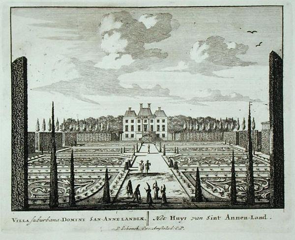 Dům a zahrady v Saint Annen-Land, z „Admirandorum Quadruplex Spectaculum“, od Jana van Calla (1656-1703), vydaného před rokem 1715 (rytina) od Pieter Schenk