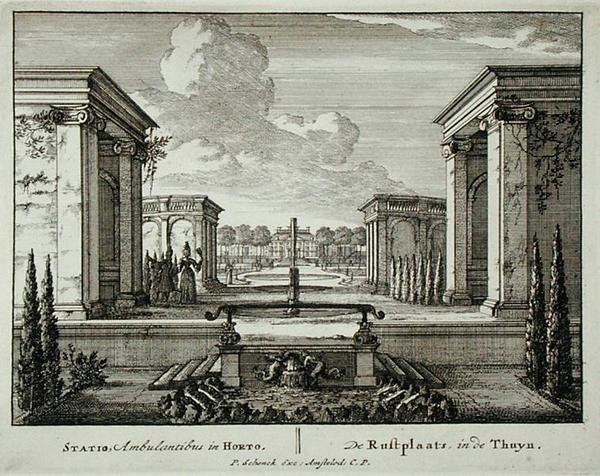 Místo odpočinku v zahradě, z „Admirandorum Quadruplex Spectaculum“, od Jana van Calla (1656-1703), vydaného před rokem 1715 (rytina) od Pieter Schenk