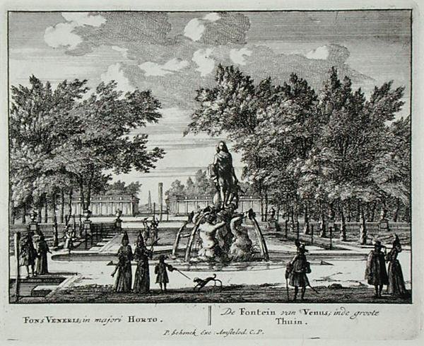 Fontána Venuše ve velké zahradě, z „Admirandorum Quadruplex Spectaculum“, od Jana van Calla (1656-1703), vydaného před rokem 1715 (rytina) od Pieter Schenk