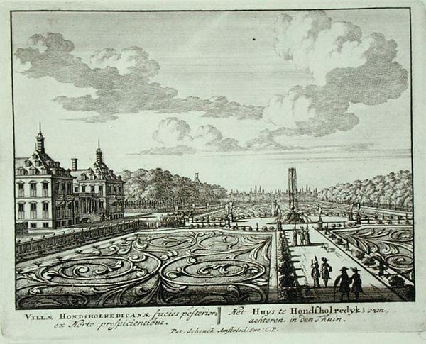 Zahrada na Honsholredyku, z „Admirandorum Quadruplex Spectaculum“, od Jana van Calla (1656-1703), vydaného před rokem 1715 (rytina) od Pieter Schenk