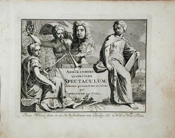 Titulní strana z „Admirandorum Quadruplex Spectaculum“, od Jana van Calla (1656-1703), vydaného před rokem 1715 (rytina) od Pieter Schenk