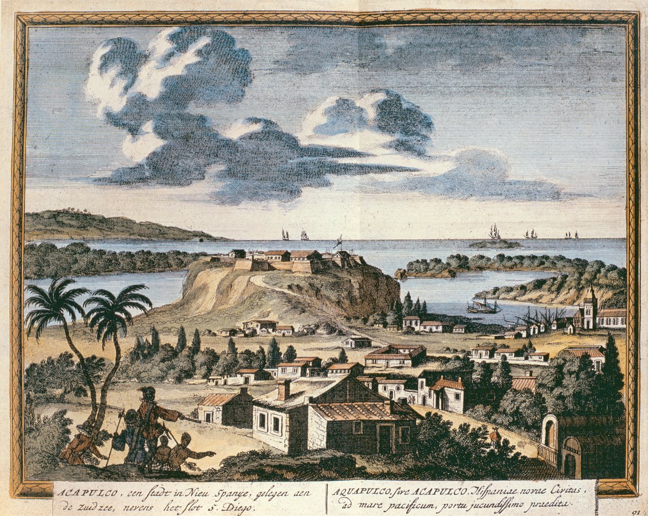 Pohled na Acapulco, ilustrace z „Hectomopolis“, publikované v Amsterdamu v roce 1700 od Pieter Schenk