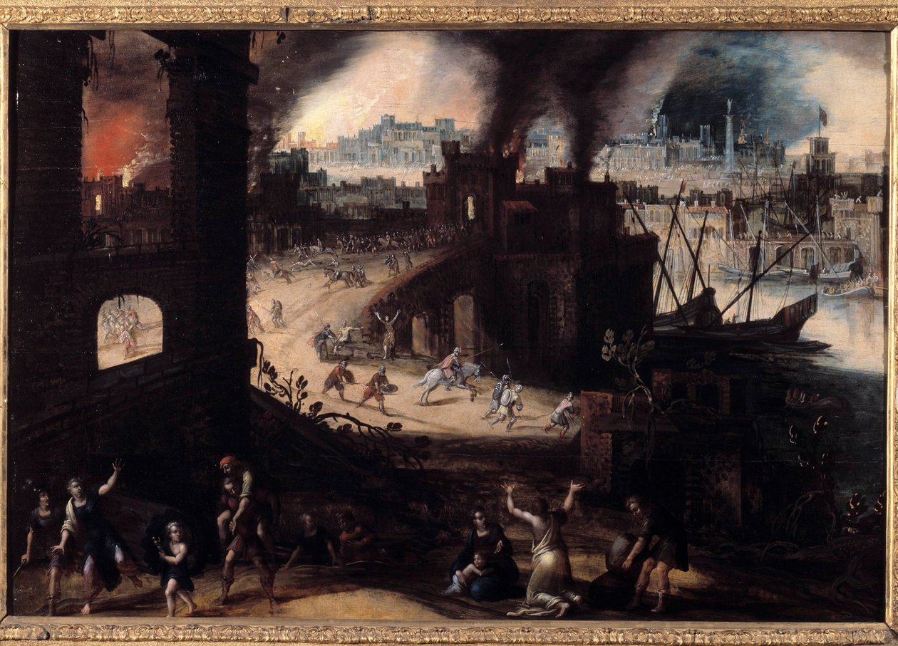 Zničení Tróje Obraz od Pietera Schoubroecka (1570-1607) Besancon ze 17. století. Muzeum výtvarných umění od Pieter Schoubroeck