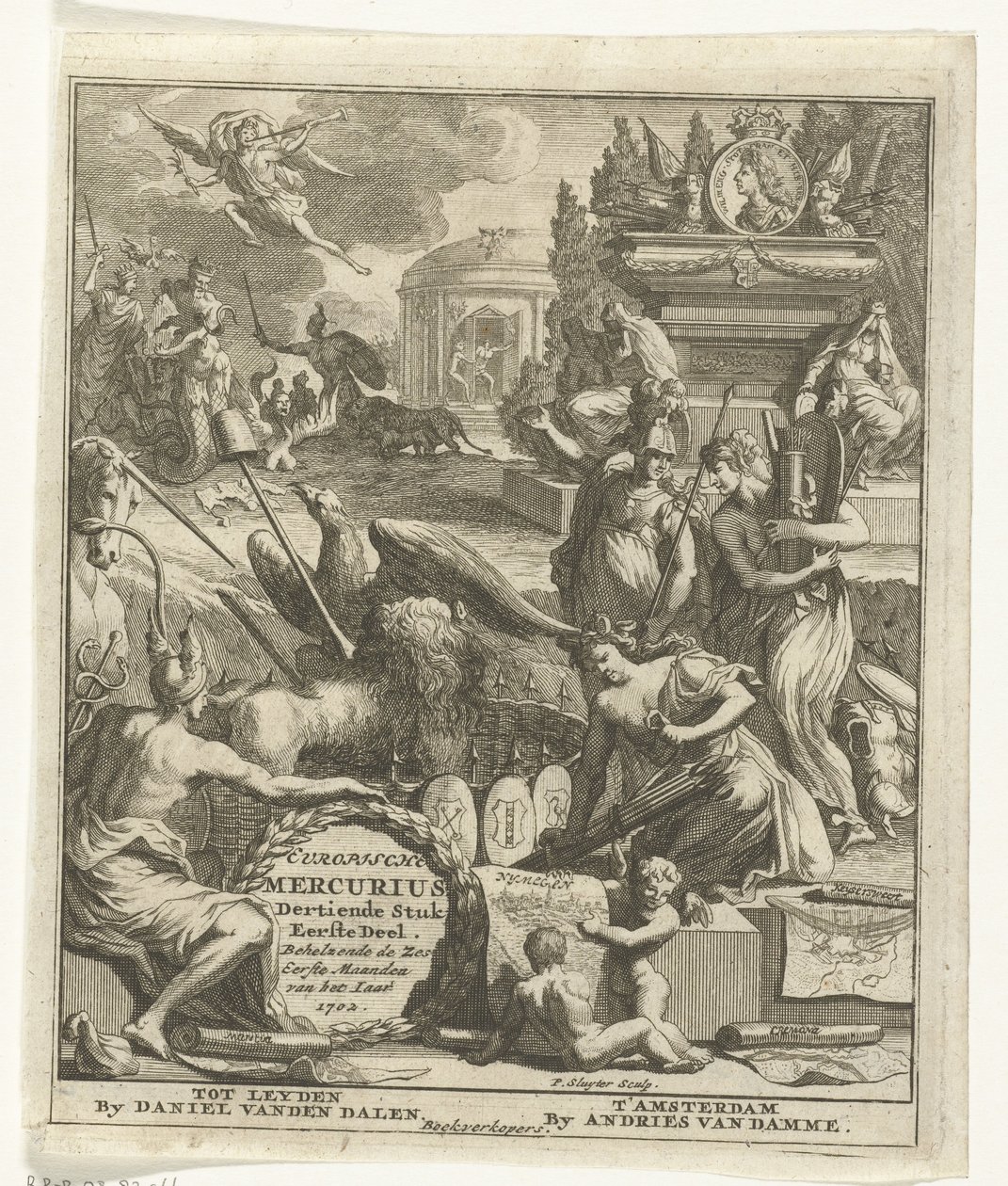Titulní strana pro evropský Merkur z roku 1702 Evropský Merkur, třináctý díl, první díl. Obsahující šest prvních měsíců roku 1702 (název na objektu) od Pieter Sluyter