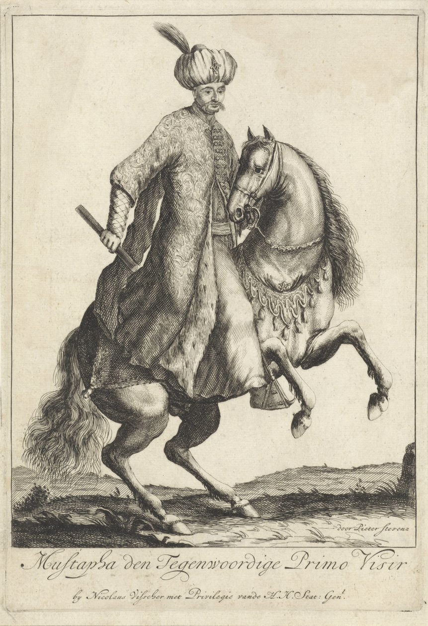 Jezdecký portrét Kary Mustafy, velkovezíra v turecké armádě od Pieter Stevens (vermeld in 1689)