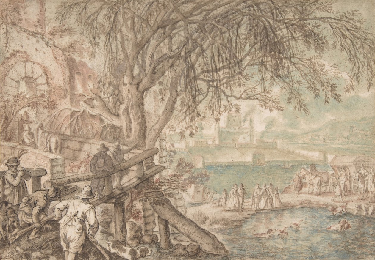 Myslivci a společnost pozorující psy při aportování kachen v rybníku Měsíc duben, c1610-20. od Pieter Stevens
