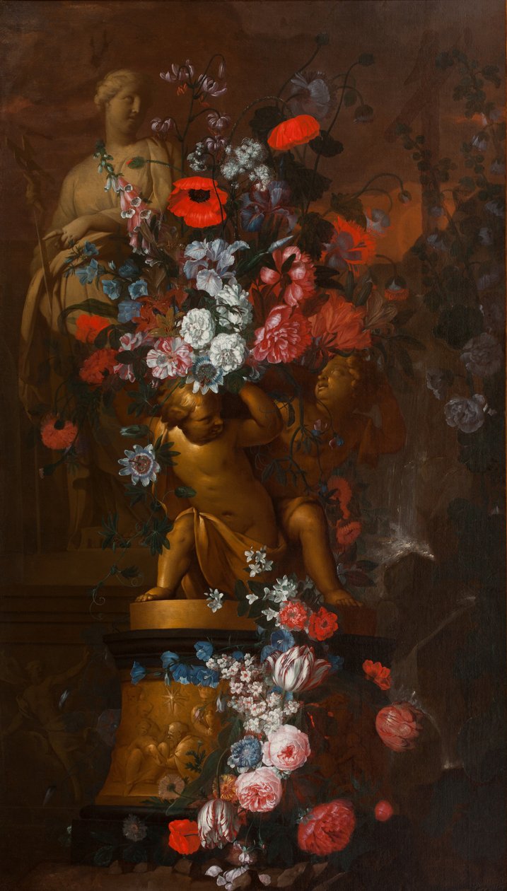 Kaskádovité květiny se sochami světice a zlatých putti na podstavci s betlémem v zahradě za soumraku, asi 1690-1750 (olej na plátně) od Pieter & Terwesten Mattheus (1670-1757) Hardime