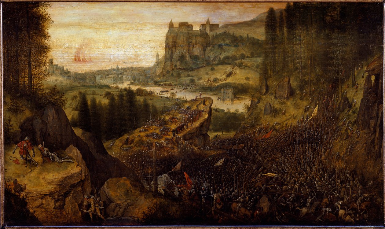 Bitva mezi Filištíny a Izraelity: Saul a jeho panoš jsou vrženi na svůj meč. (malování od Pieter Bruegel the Elder