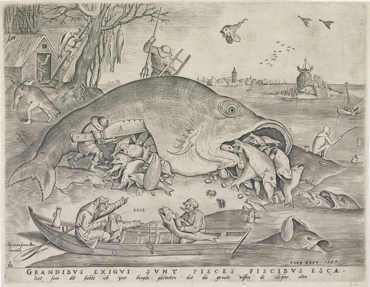 Velké ryby jedí malé ryby, vyryl Pieter van der Heyden, 1557 od Pieter The Elder after Brueghel
