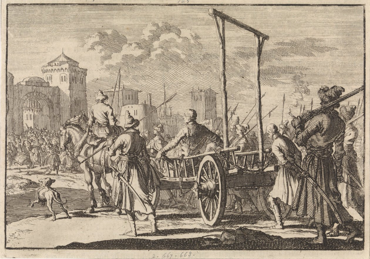 Příjezd Stepana Razina a jeho bratra Frola do železné klece v Moskvě, 1671, 1698 od Pieter Van der Aa