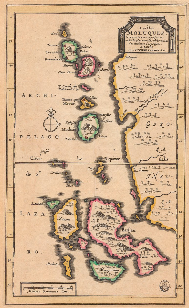 Mapa Moluckých ostrovů (dnešní Indonésie), asi 1707 (kolorovaná rytina) od Pieter Van der Aa