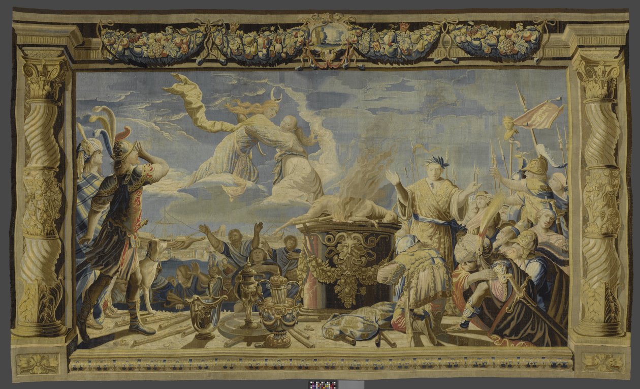 Tapiserie zobrazující zásah Artemis během přípravy oběti Ifigeneie Historie Ifigeneie a Oresta (název série) od Pieter de Cracht (workshop of)