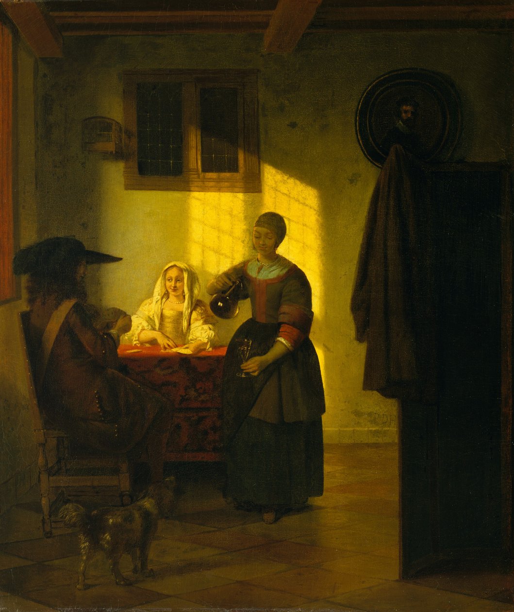 Pár hracích karet, s obsluhující ženou, ca. 1665-75. od Pieter de Hooch