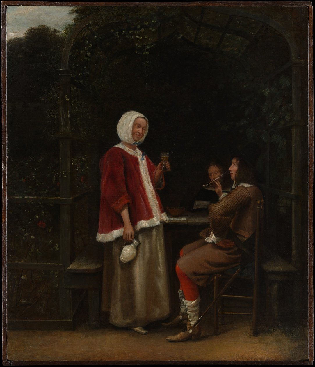 Žena a dva muži v altánu od Pieter de Hooch