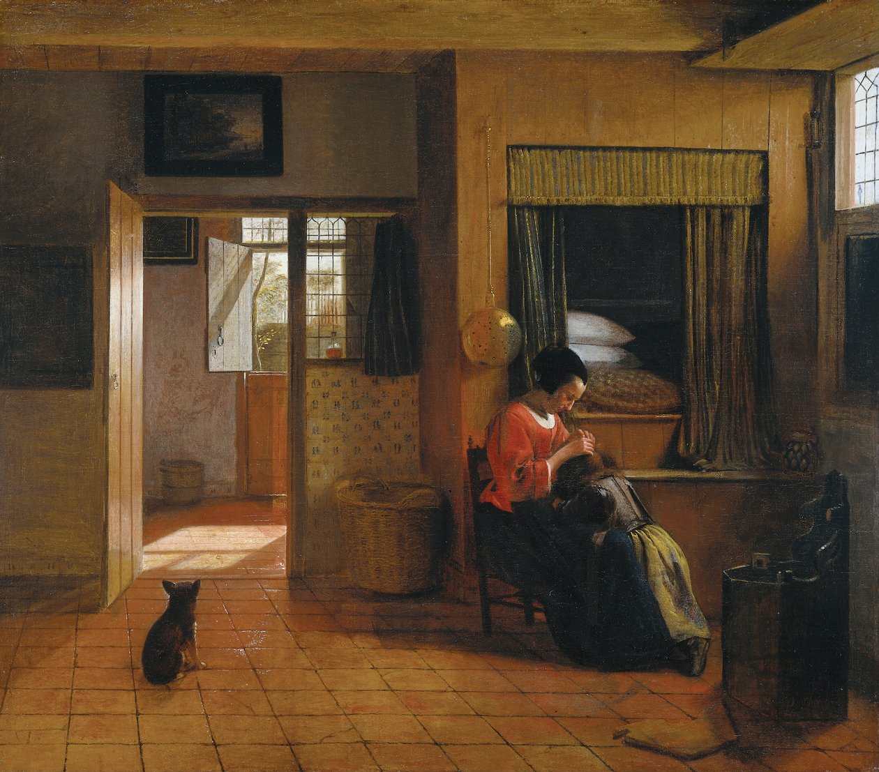 Vnitřní místnost s matkou, která si čistí vlasy svého dítěte, známá jako „práce matky“ od Pieter de Hooch