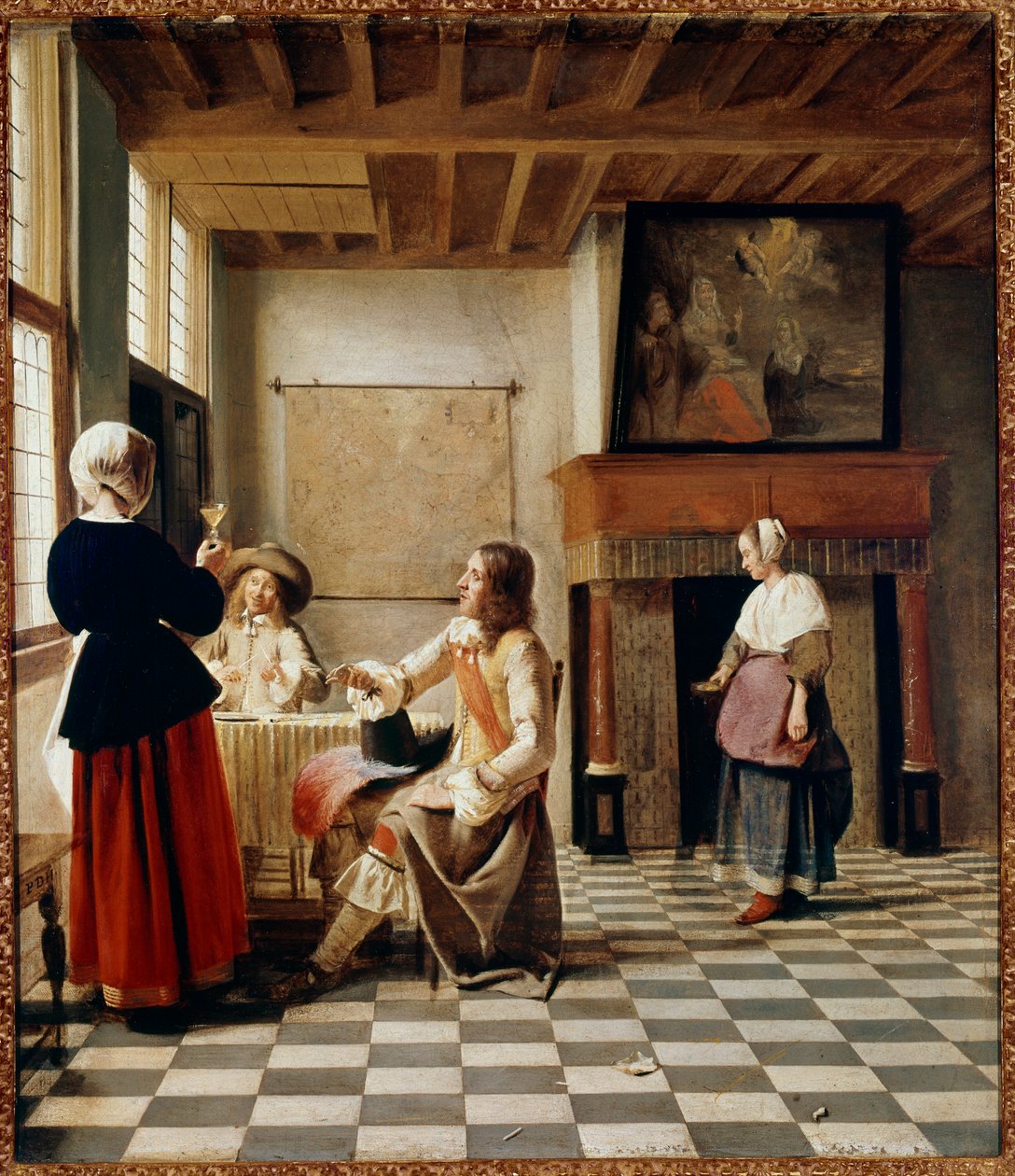 holandský interiér. Žena pije se dvěma muži, kteří jsou v pořádku (olej na plátně, kolem roku 1658) od Pieter de Hooch