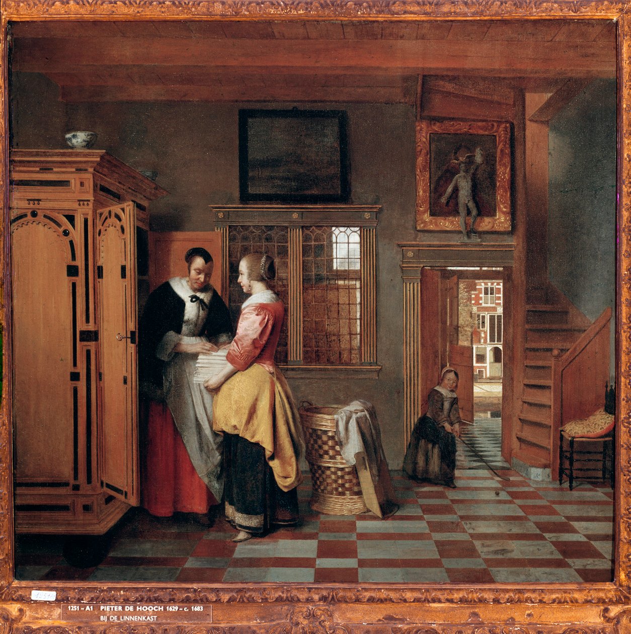 Interiér s ženami vedle truhly s prádlem od Pieter de Hooch
