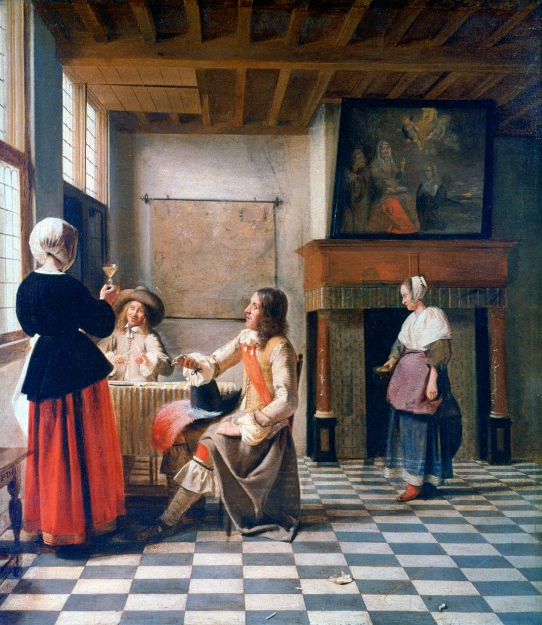 Interiér, Žena popíjející se dvěma muži a služebnou, c1658 od Pieter de Hooch