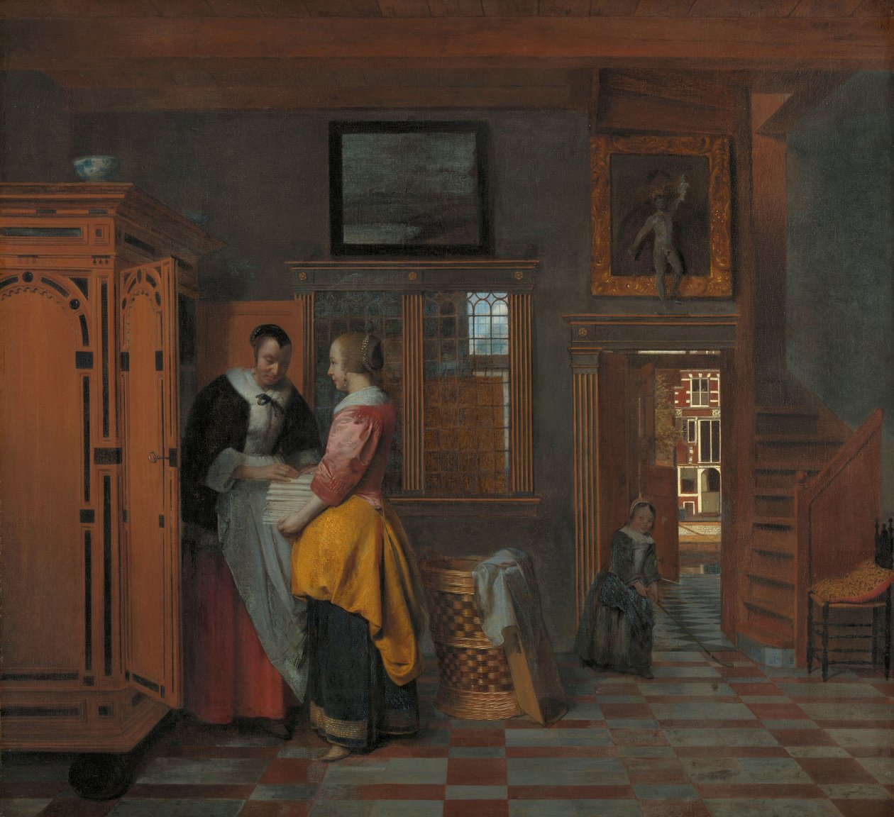 Interiér s ženami vedle lněné skříně Interiér s ženami vedle plátěné truhly od Pieter de Hooch