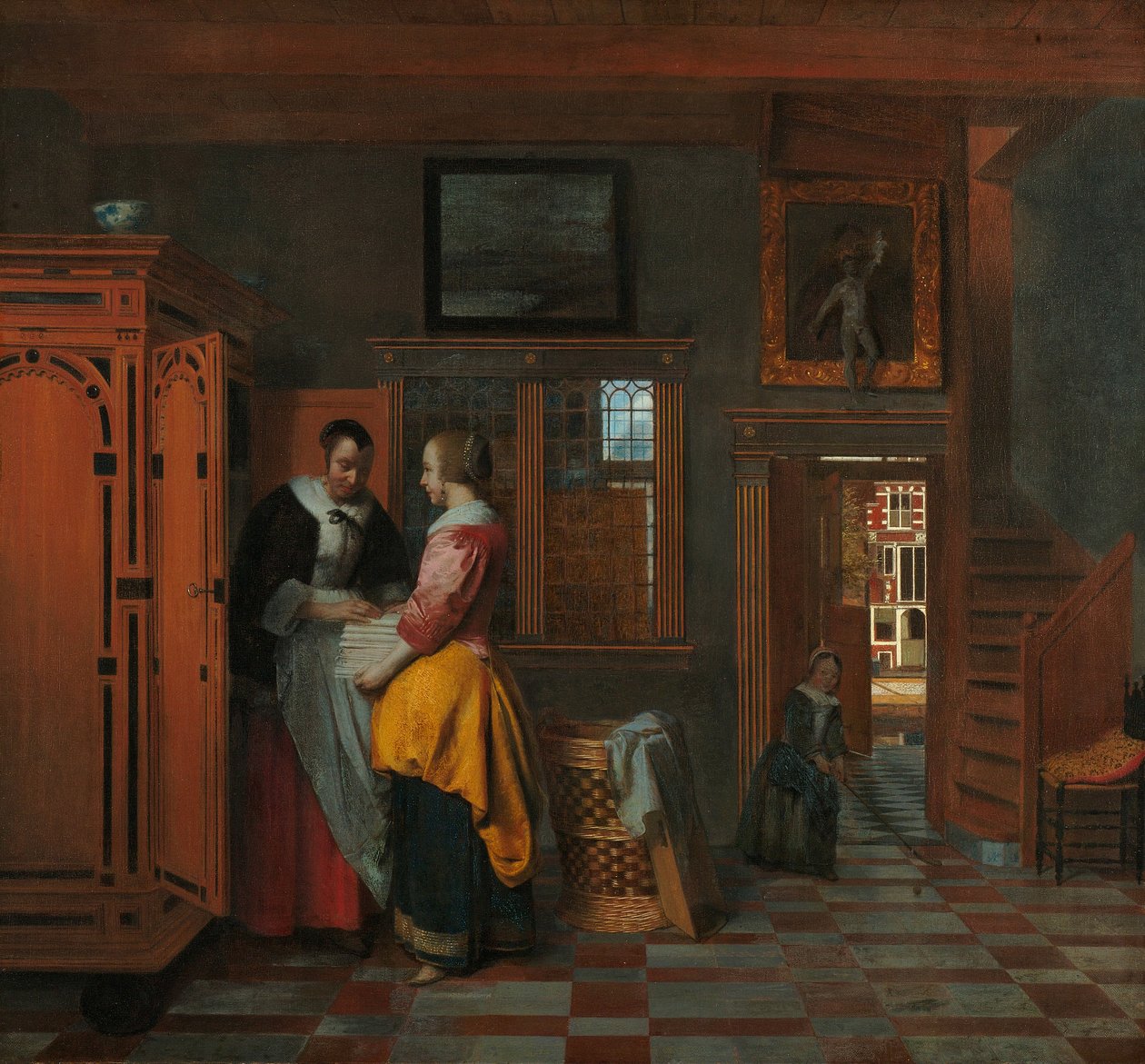 Interiér s ženami vedle lněné skříně od Pieter de Hooch