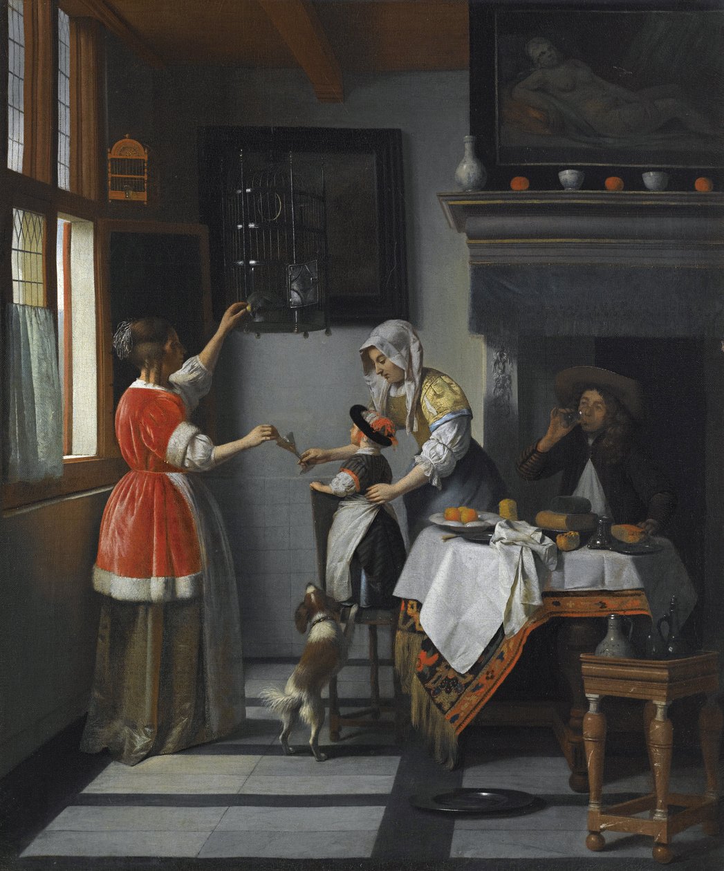 Interiér s dítětem krmícím papouška par Hooch, Pieter, de od Pieter de Hooch